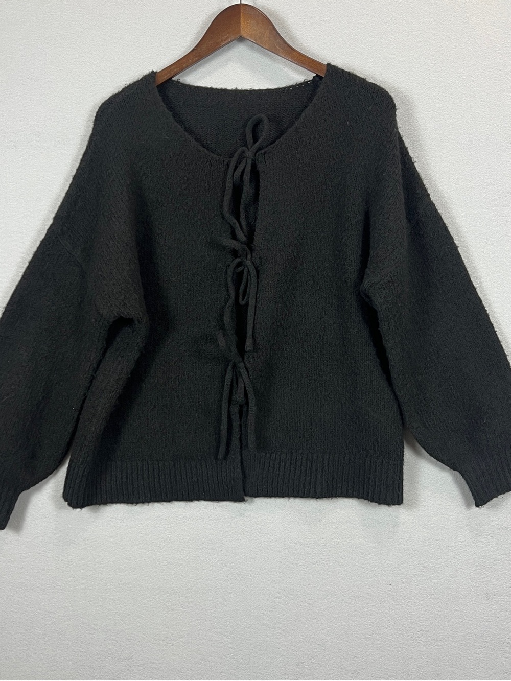 Women’s Black Tie Front Cardigan Sweater Size S Balloon Sleeve Fuzzy Knit